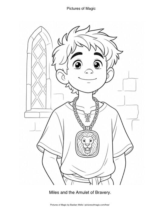 Preview of the Miles and the Amulet of Bravery coloring page.